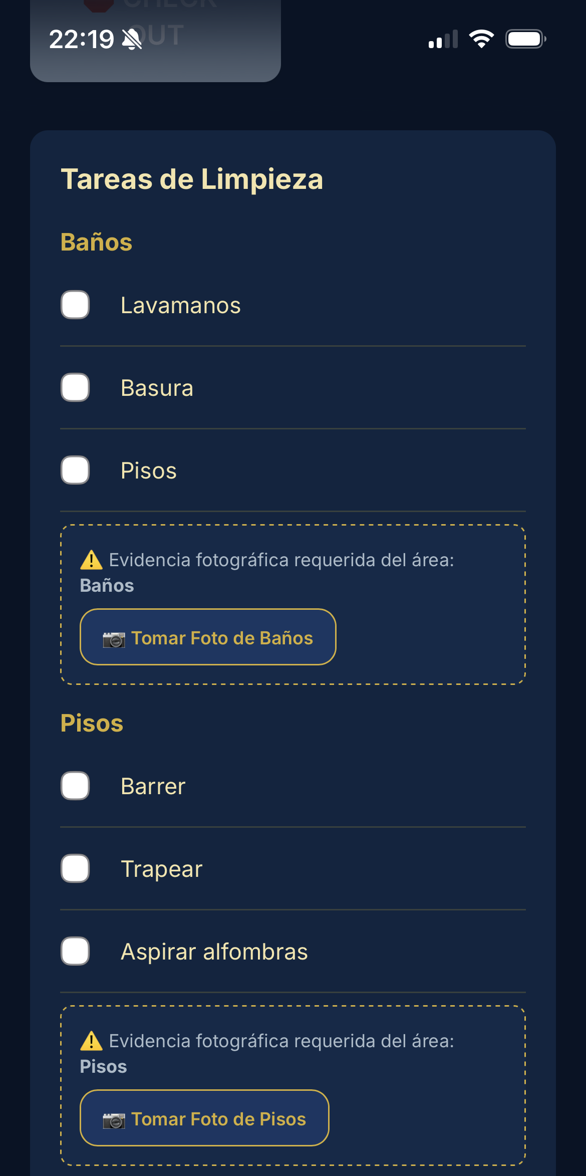 Digital task checklist by area